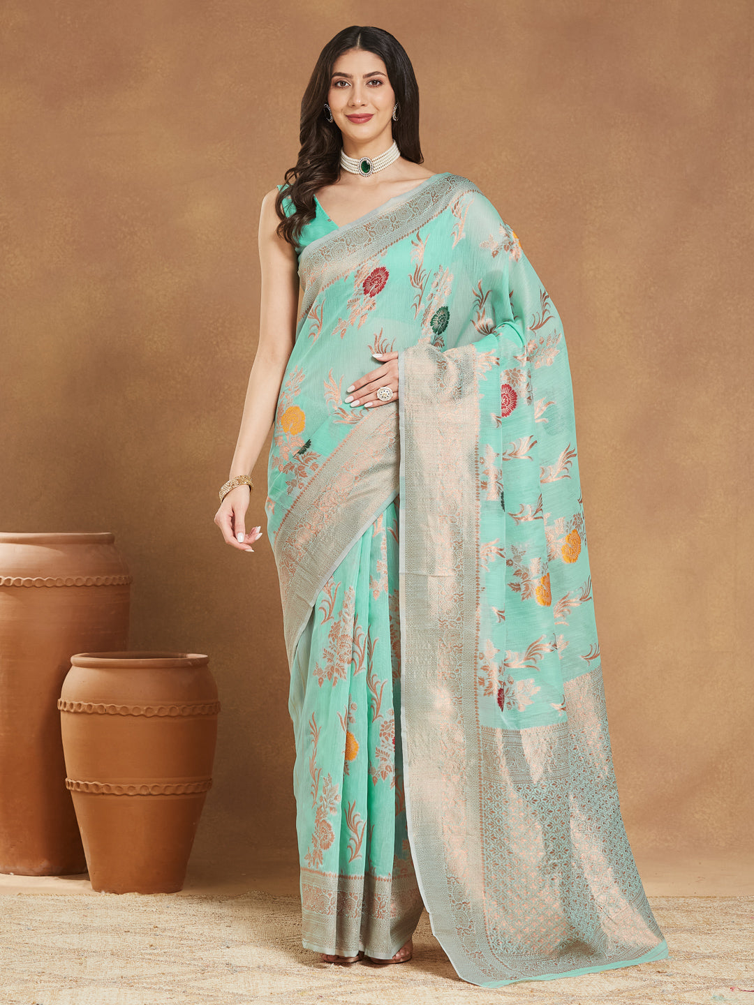 Janasya Sea Blue Linen Blend Floral Jacquard Saree