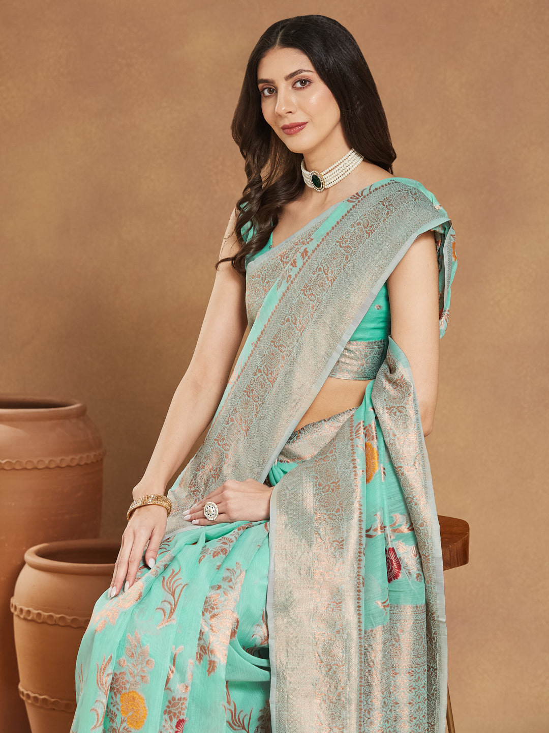 Janasya Sea Blue Linen Blend Floral Jacquard Saree
