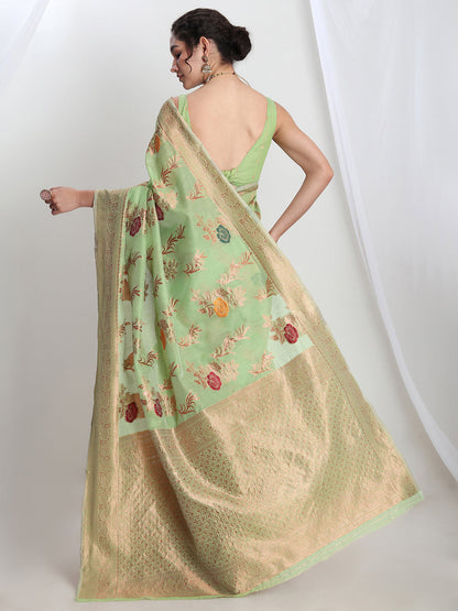 Janasya Light Green Linen Blend Floral Jacquard Saree