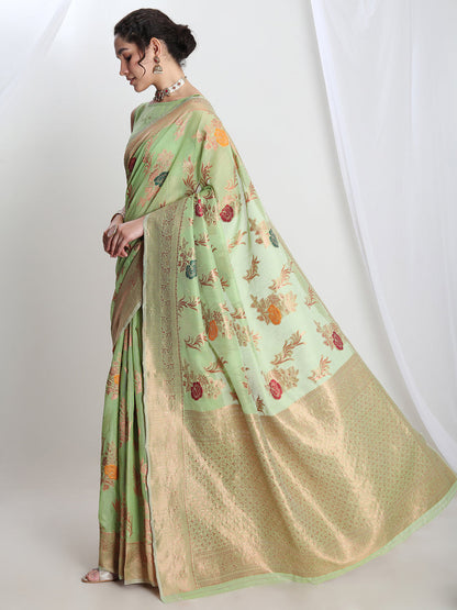 Janasya Light Green Linen Blend Floral Jacquard Saree