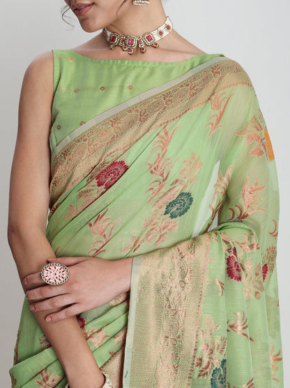 Janasya Light Green Linen Blend Floral Jacquard Saree