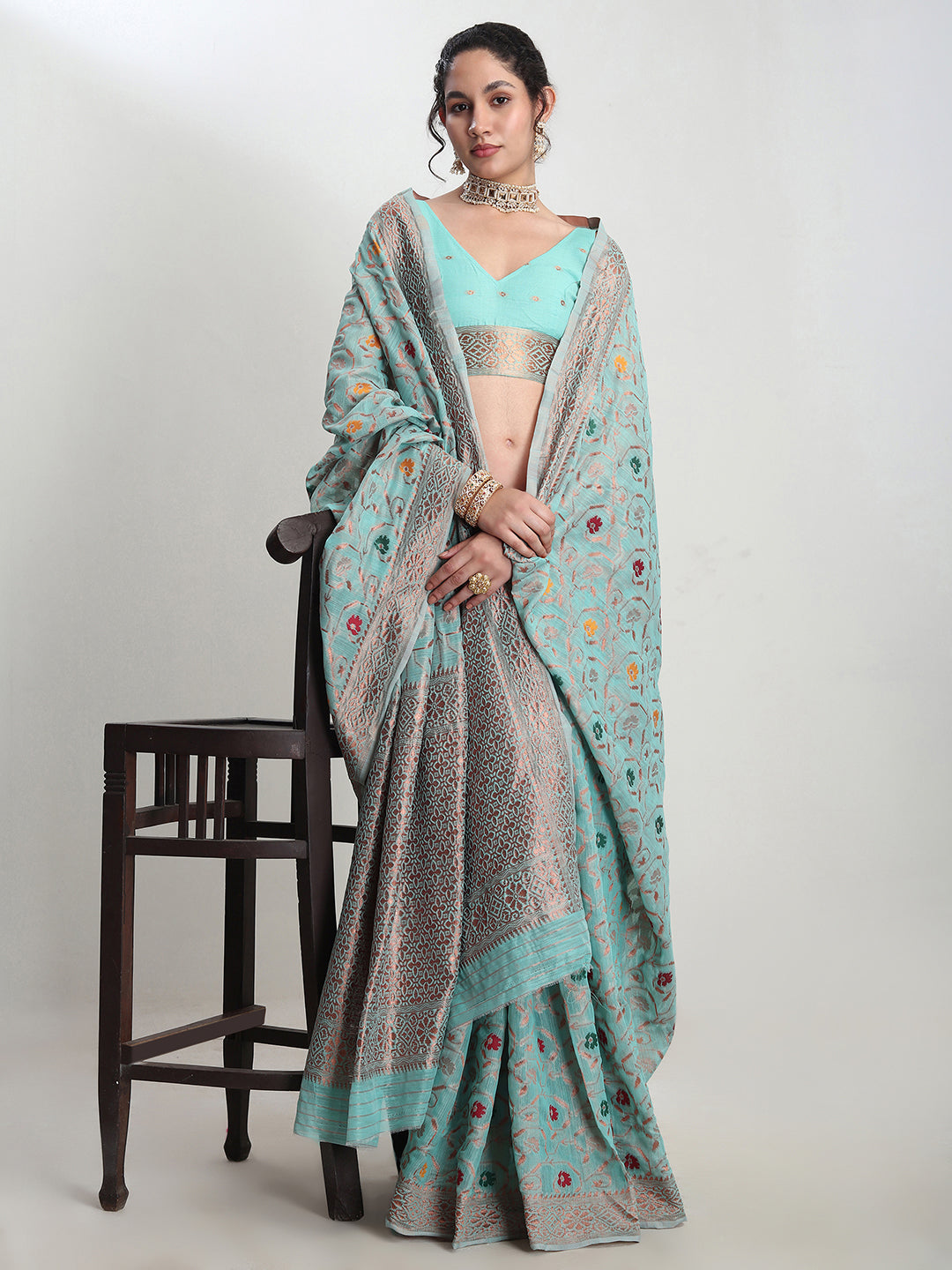 Janasya Sea Green Linen Blend Floral Jacquard Saree