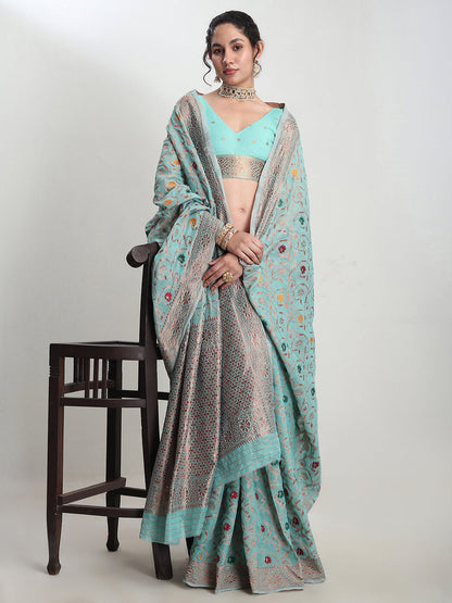 Janasya Sea Green Linen Blend Floral Jacquard Saree