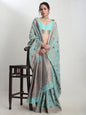Janasya Sea Green Linen Blend Floral Jacquard Saree