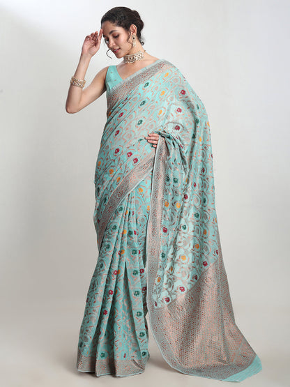 Janasya Sea Green Linen Blend Floral Jacquard Saree