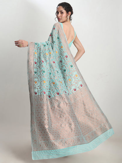 Janasya Sea Green Linen Blend Floral Jacquard Saree
