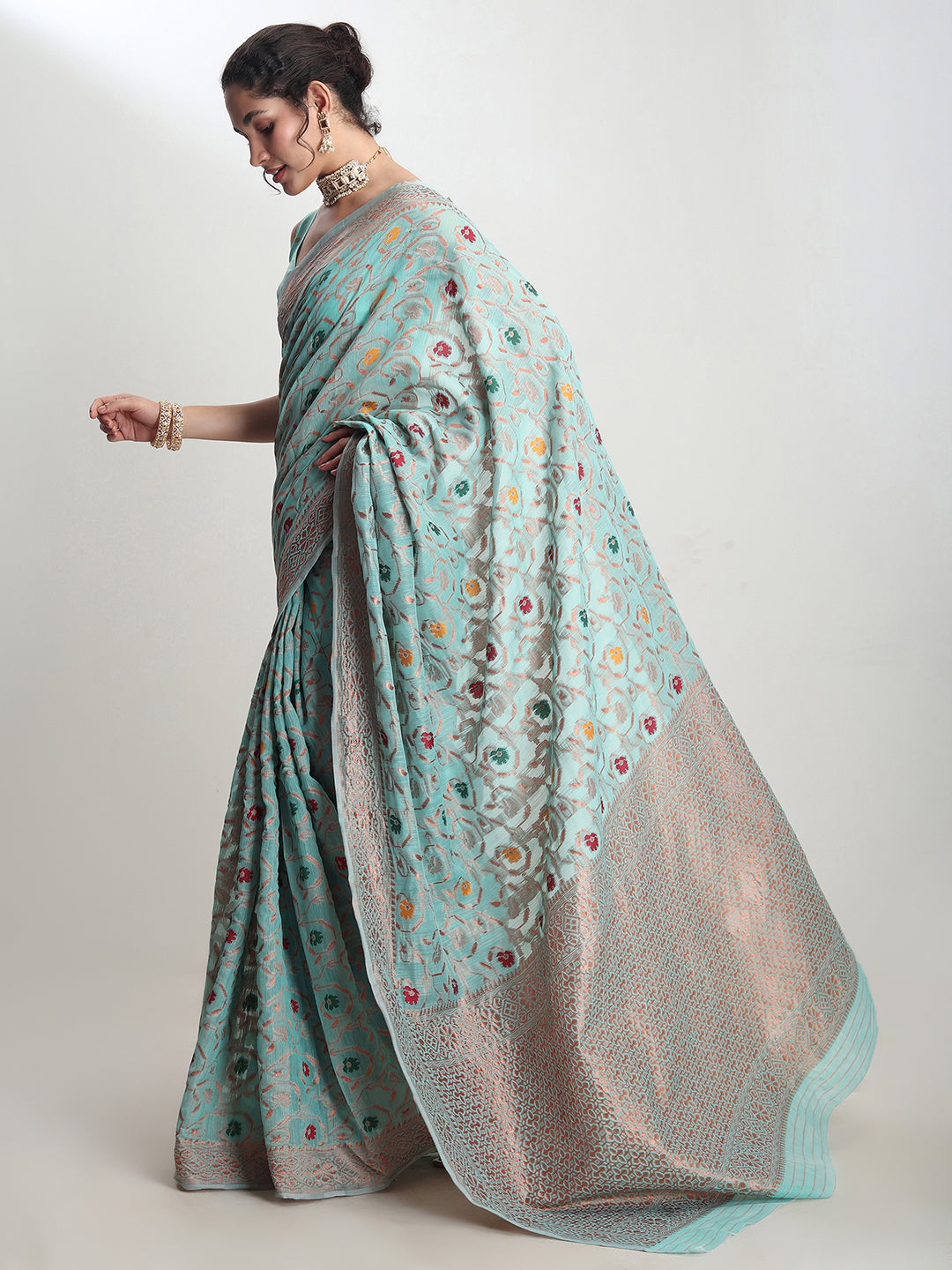 Janasya Sea Green Linen Blend Floral Jacquard Saree