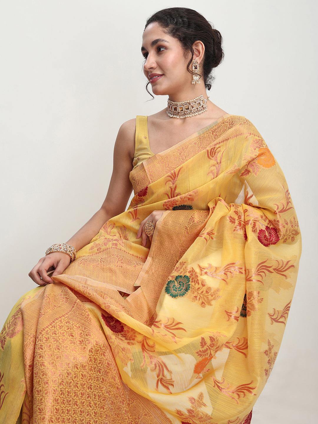 Janasya Yellow Linen Blend Floral Jacquard Saree