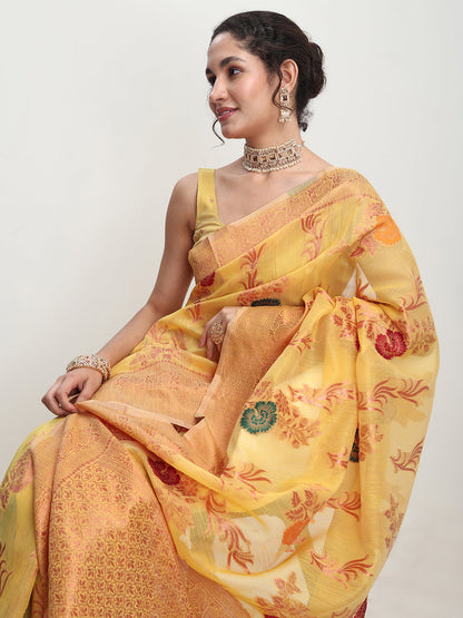 Janasya Yellow Linen Blend Floral Jacquard Saree