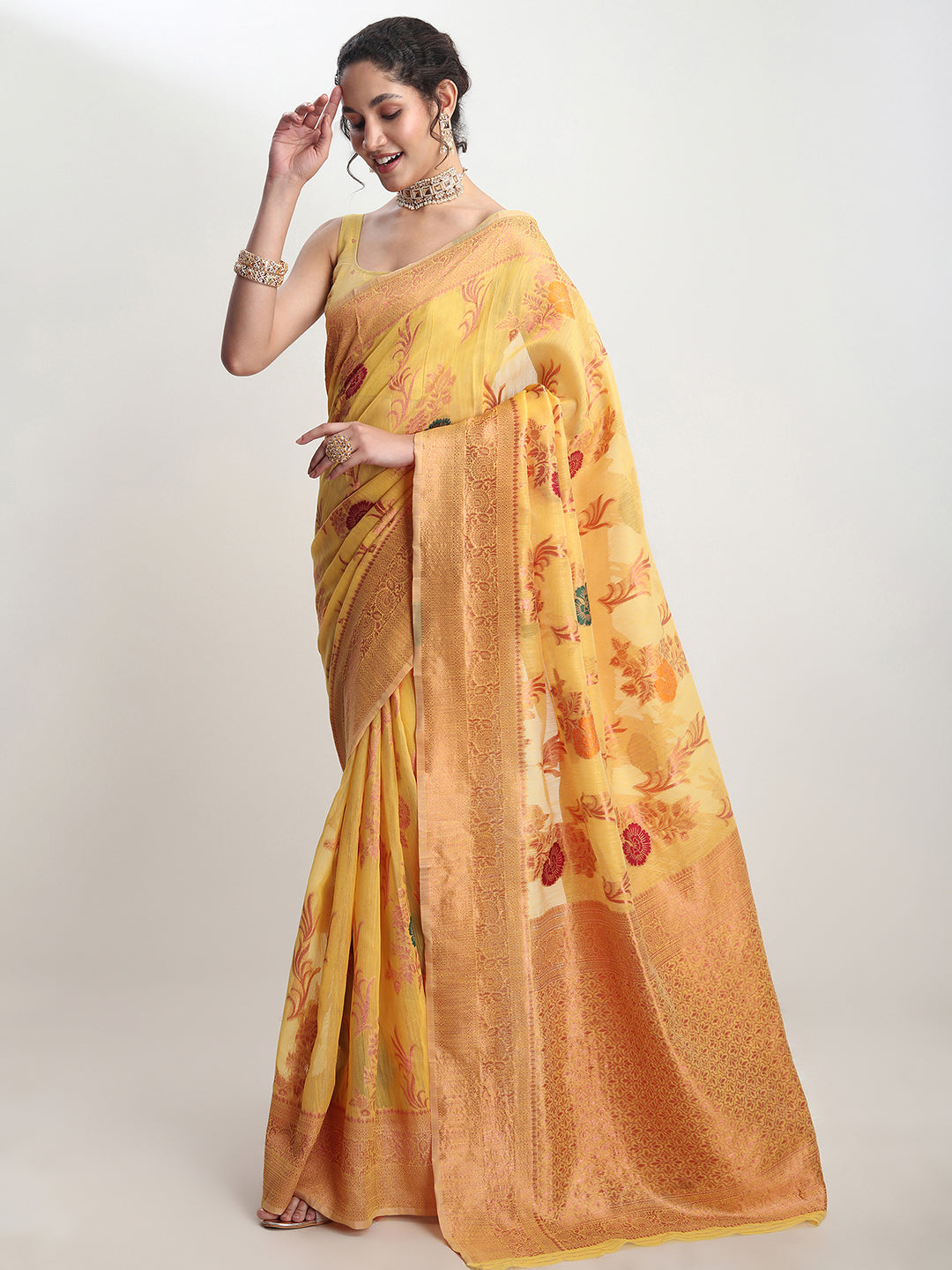 Janasya Yellow Linen Blend Floral Jacquard Saree
