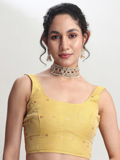 Janasya Yellow Linen Blend Floral Jacquard Saree