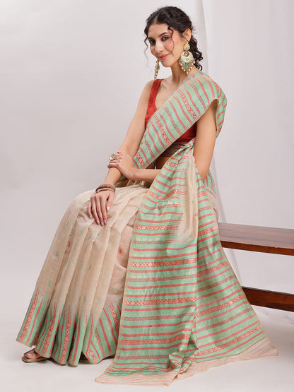 Janasya Beige Silk Blend Ikkat Jacquard Saree