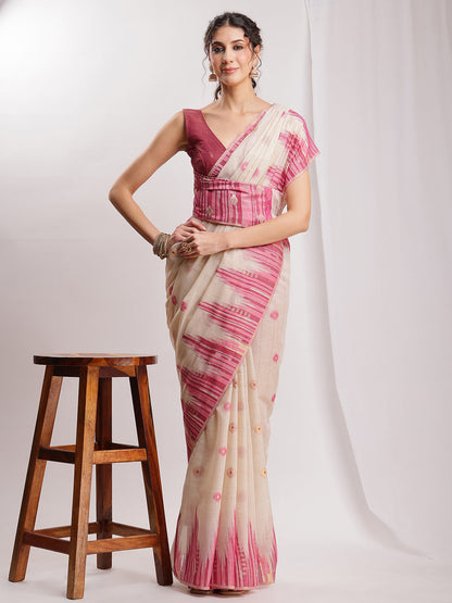 Janasya Beige Silk Blend Ikkat Jacquard Saree