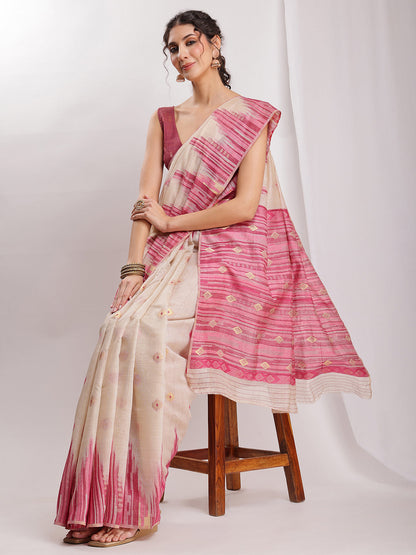 Janasya Beige Silk Blend Ikkat Jacquard Saree