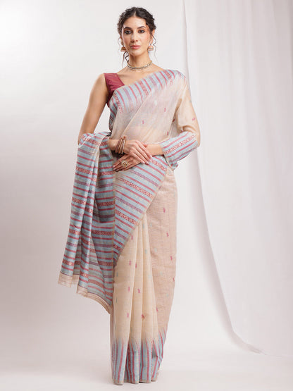 Janasya Beige Silk Blend Ikkat Jacquard Saree