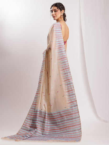 Janasya Beige Silk Blend Ikkat Jacquard Saree