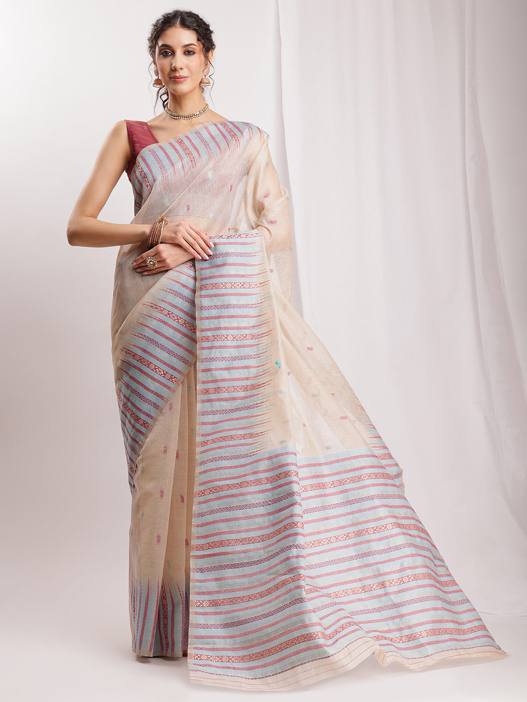 Janasya Beige Silk Blend Ikkat Jacquard Saree