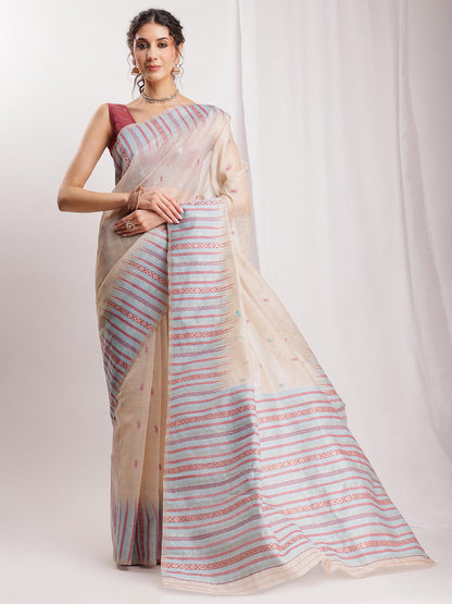 Janasya Beige Silk Blend Ikkat Jacquard Saree