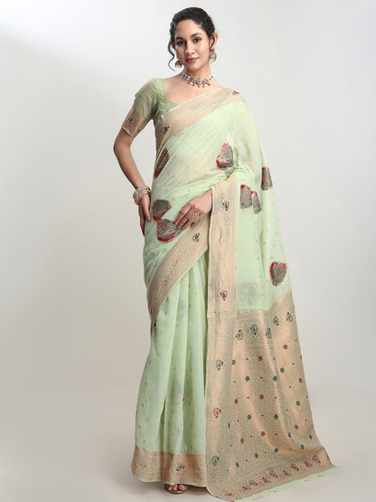 Janasya Light Green Linen Blend Kalamkari Jacquard Saree