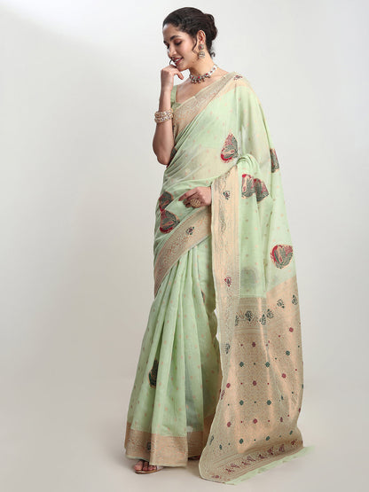 Janasya Light Green Linen Blend Kalamkari Jacquard Saree