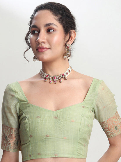 Janasya Light Green Linen Blend Kalamkari Jacquard Saree