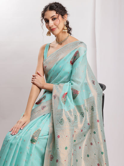 Janasya Sea Blue Linen Blend Kalamkari Jacquard Saree