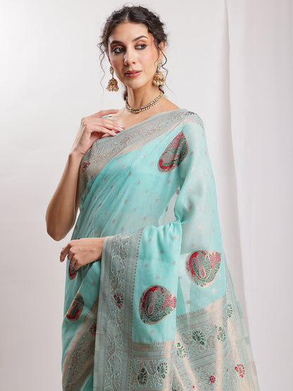 Janasya Sea Blue Linen Blend Kalamkari Jacquard Saree