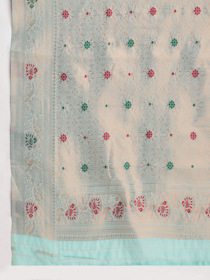 Janasya Sea Blue Linen Blend Kalamkari Jacquard Saree