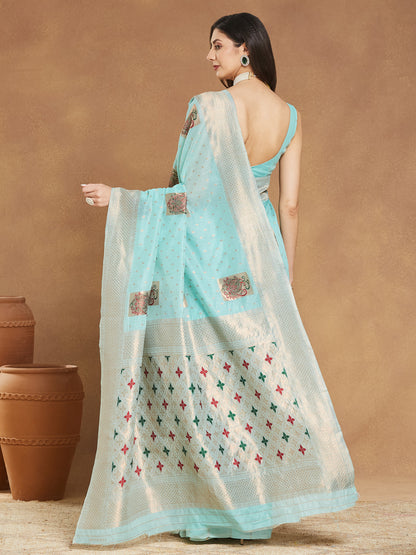 Janasya Sea Green Linen Blend Ethnic Motifs Jacquard Saree
