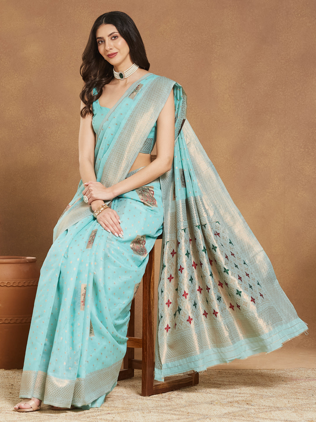 Janasya Sea Green Linen Blend Ethnic Motifs Jacquard Saree