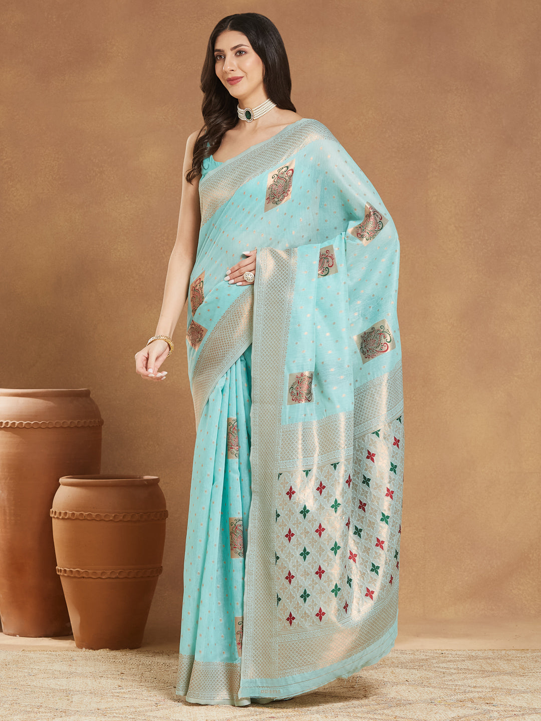 Janasya Sea Green Linen Blend Ethnic Motifs Jacquard Saree