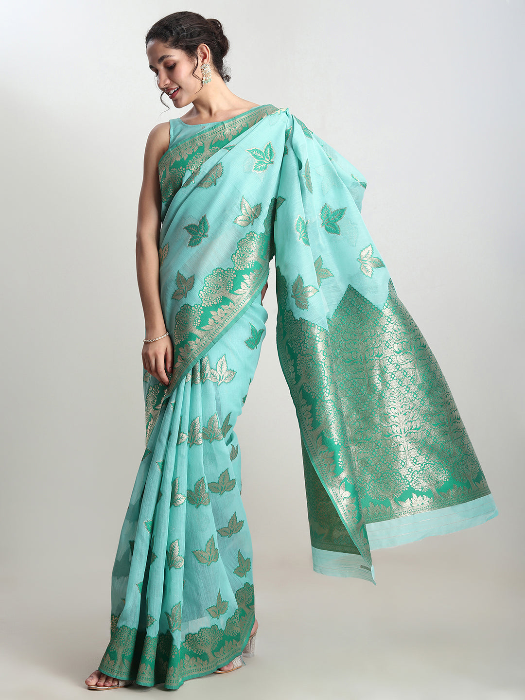 Janasya Sea Green Linen Blend Floral Jacquard Saree