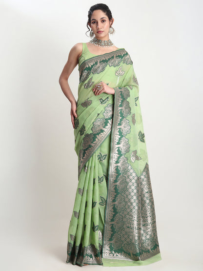 Janasya Light Green Linen Blend Floral Jacquard Saree