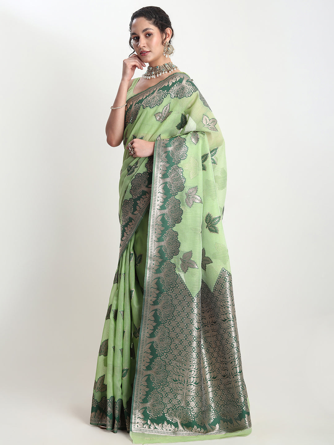 Janasya Light Green Linen Blend Floral Jacquard Saree
