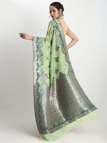 Janasya Light Green Linen Blend Floral Jacquard Saree