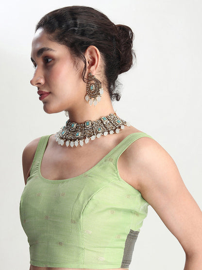 Janasya Light Green Linen Blend Floral Jacquard Saree