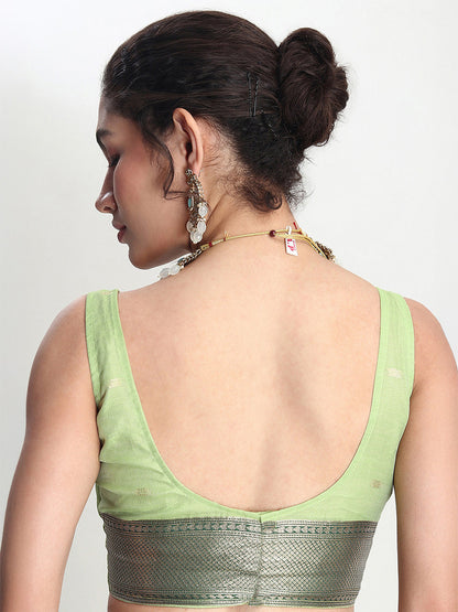 Janasya Light Green Linen Blend Floral Jacquard Saree