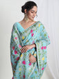 Janasya Sky Blue Silk Blend Floral Jacquard Saree