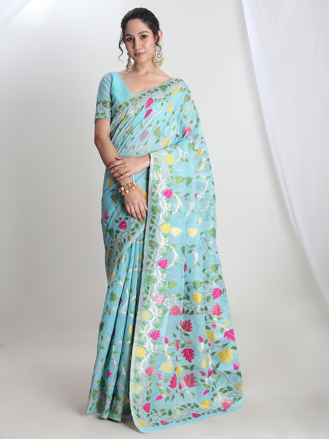 Janasya Sky Blue Silk Blend Floral Jacquard Saree