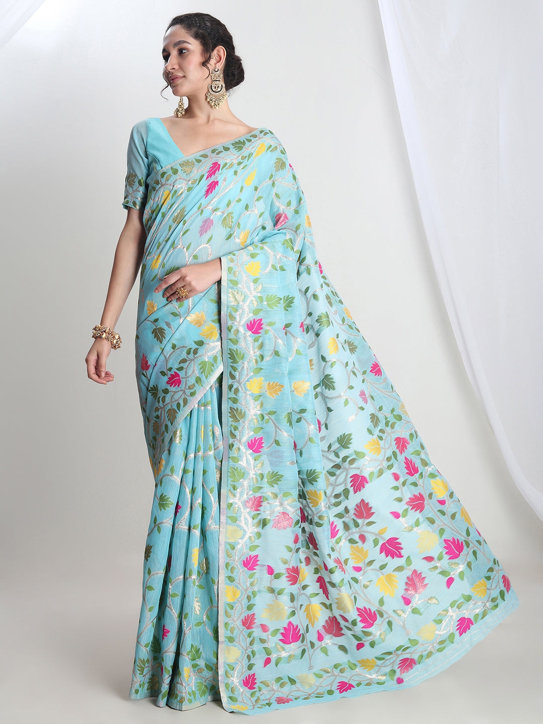 Janasya Sky Blue Silk Blend Floral Jacquard Saree