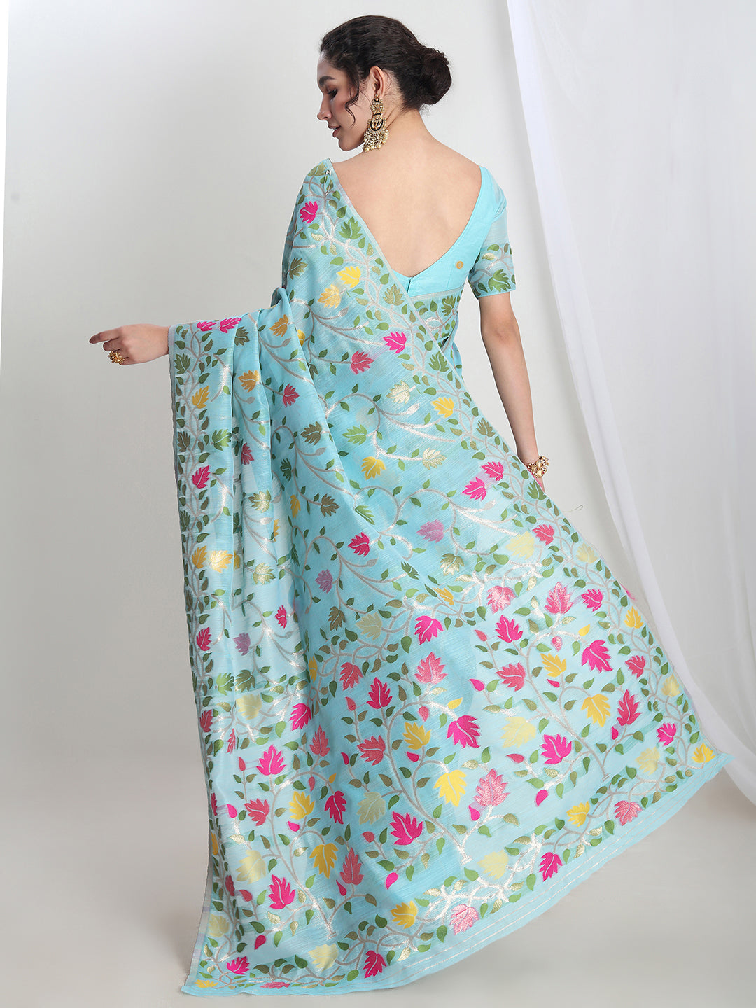 Janasya Sky Blue Silk Blend Floral Jacquard Saree