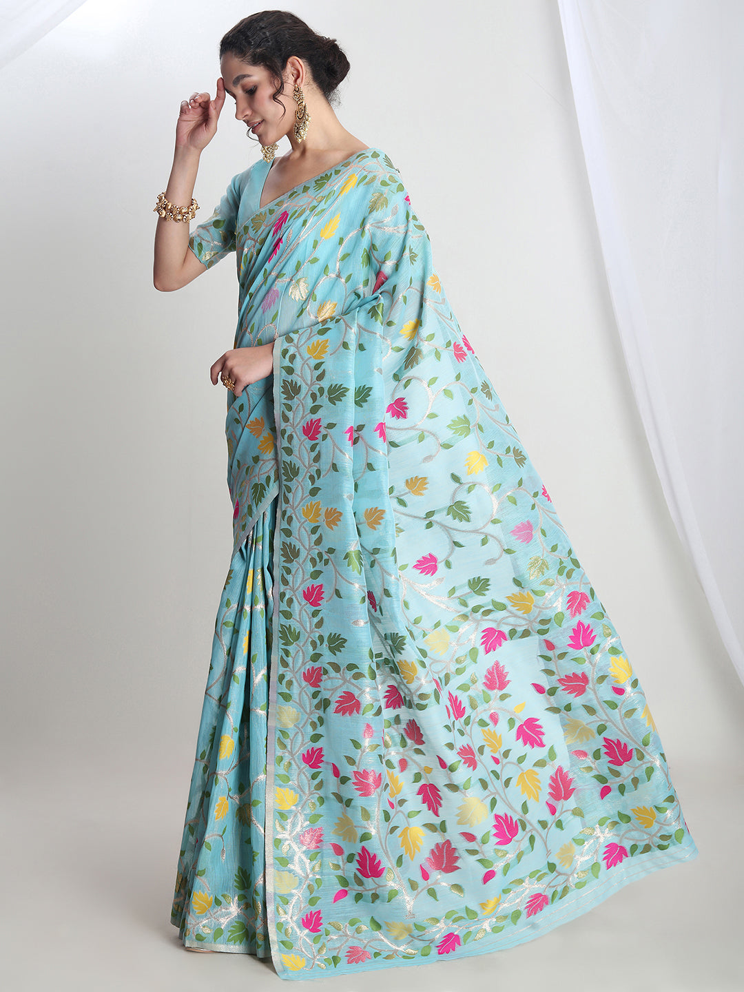 Janasya Sky Blue Silk Blend Floral Jacquard Saree