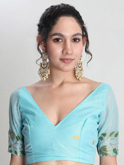 Janasya Sky Blue Silk Blend Floral Jacquard Saree