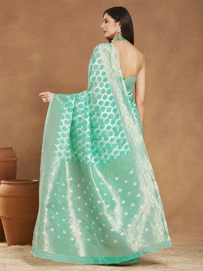 Janasya Sea Green Linen Blend Geometric Jacquard Saree
