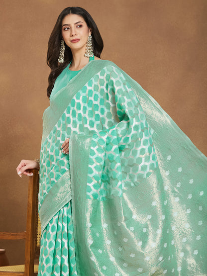 Janasya Sea Green Linen Blend Geometric Jacquard Saree