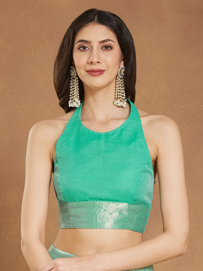 Janasya Sea Green Linen Blend Geometric Jacquard Saree