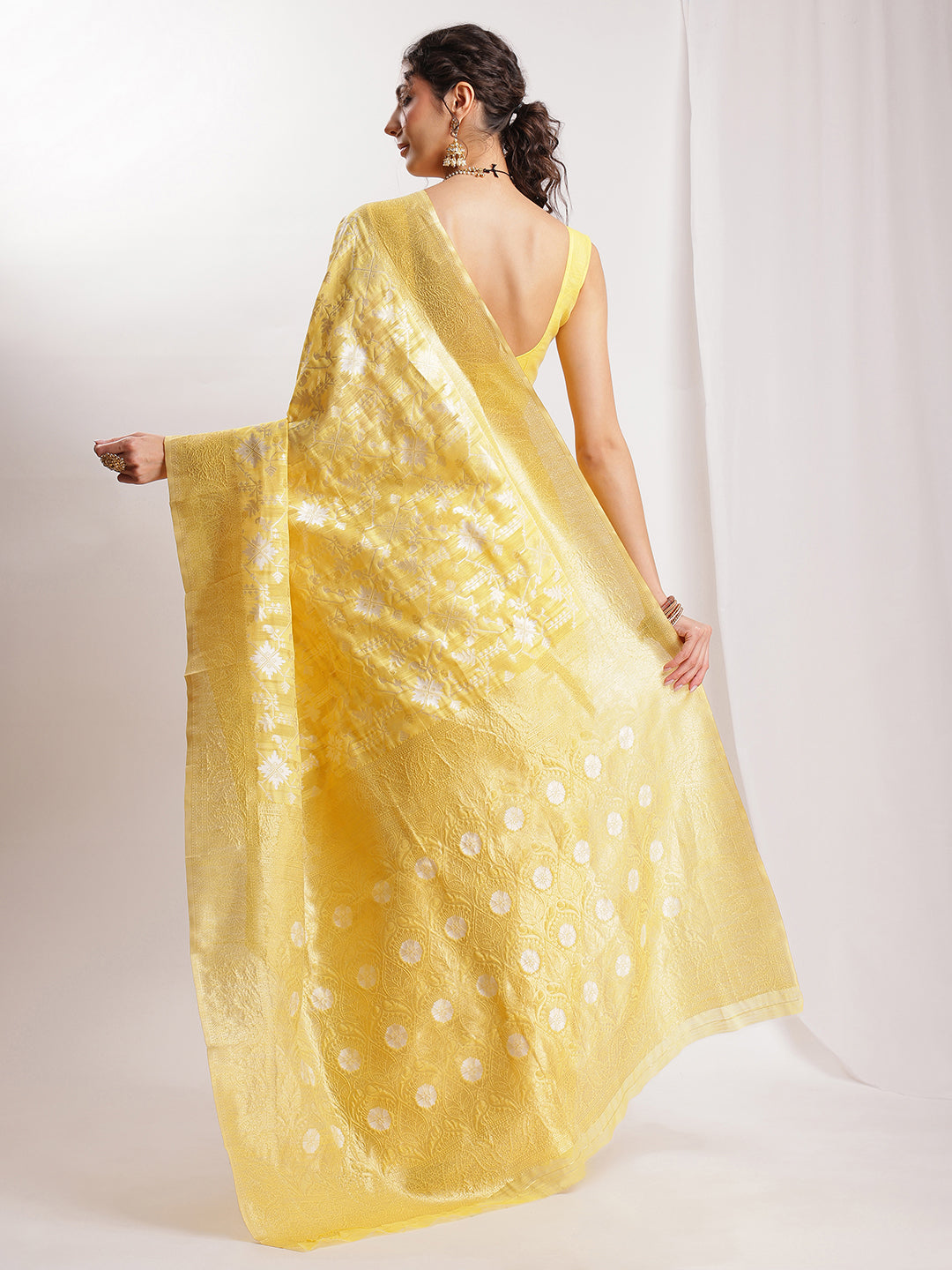 Janasya Yellow Linen Blend Geometric Jacquard Saree