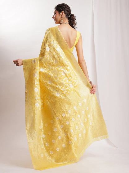 Janasya Yellow Linen Blend Geometric Jacquard Saree