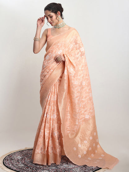 Janasya Orange Linen Blend Geometric Jacquard Saree