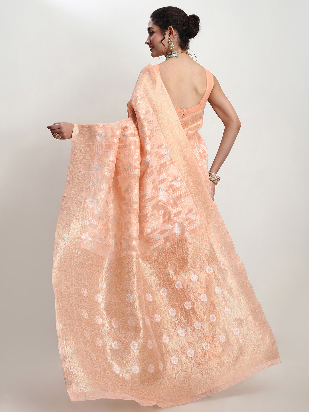 Janasya Orange Linen Blend Geometric Jacquard Saree